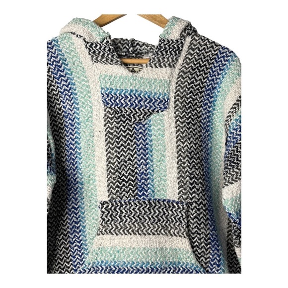 Baja Joe Earth Ragz Mexican Hoodie Striped Pullover Blue Poncho Size Large - Picture 3 of 9